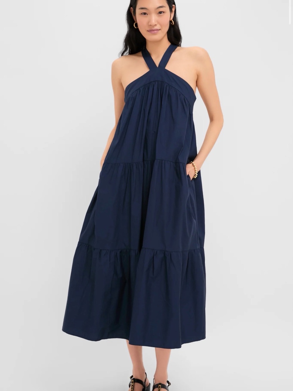 Tuckernuck En Saison Irene Navy Tiered Cotton Poplin Maxi Dress Size S